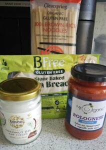 organic coconut oil, bolognese and noodles